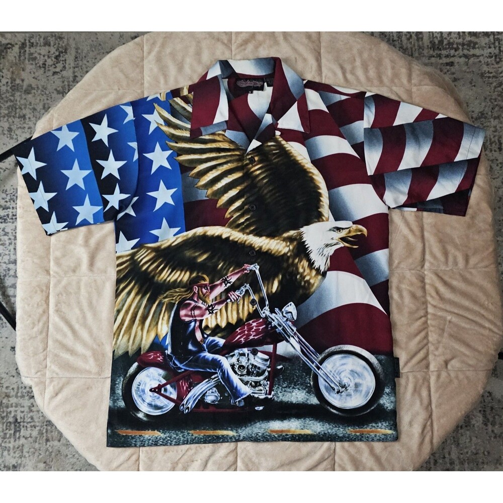 Vintage Sapphire Lounge American Flag Eagle Motorcycle Shirt Mens M USA Biker